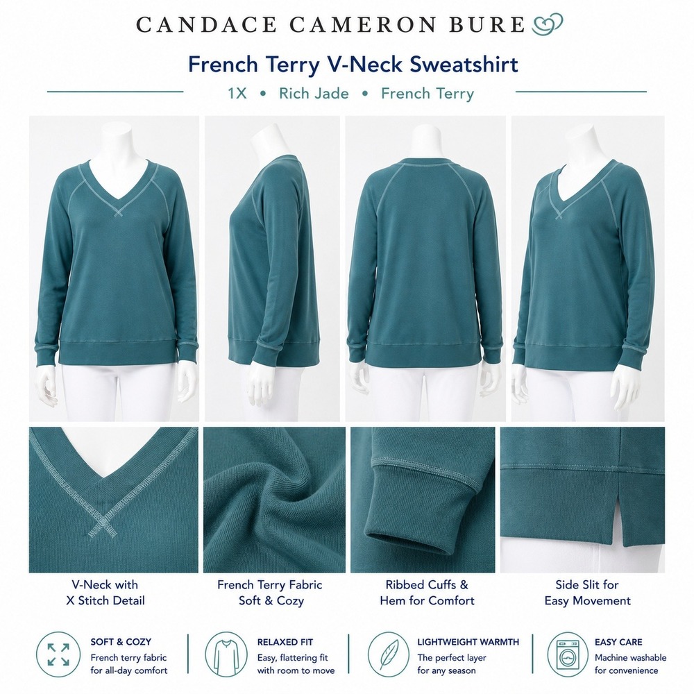 Candace Cameron Bure French Terry V-Neck Sweatshirt Rich Jade 1X A593164 NEW